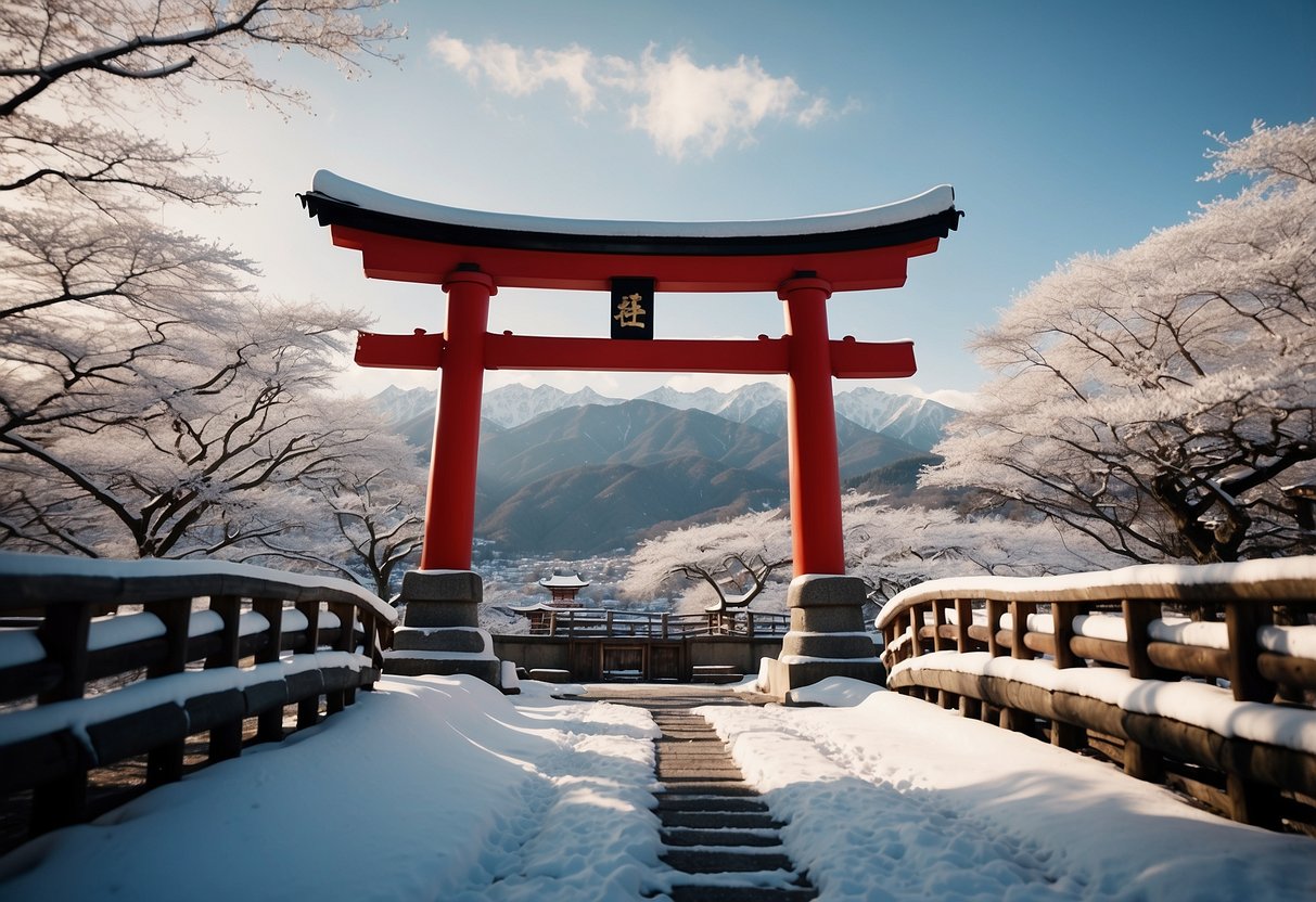 A snowy landscape with traditional Japanese architecture, snow-capped mountains in the distance, and a red torii gate leading to a shrine
