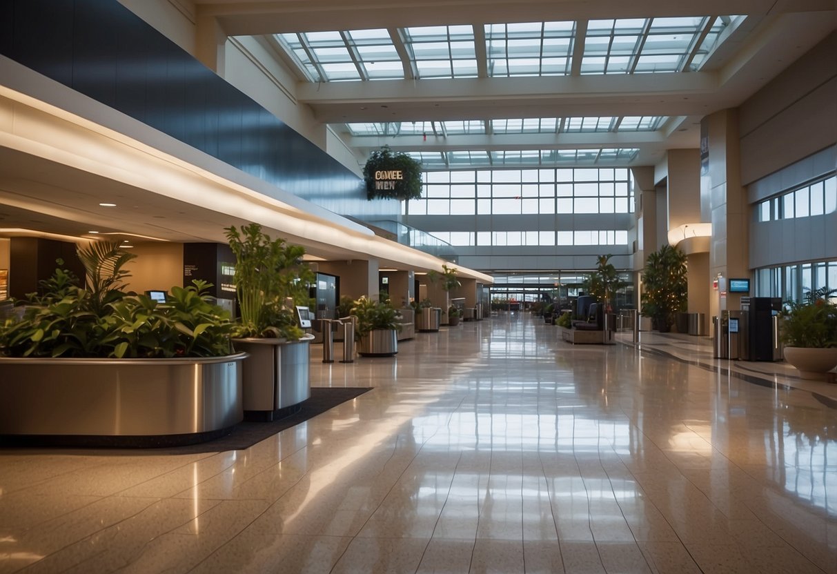 A modern airport terminal with a sign for "Transit Hotels" and a cozy, inviting lobby area with comfortable seating and a help desk