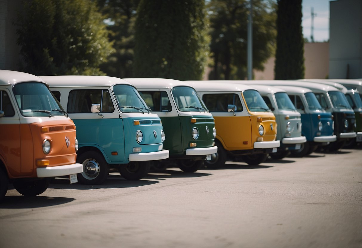 A row of colorful vans lined up in a spacious and well-lit rental lot, with clear signage and friendly staff assisting customers