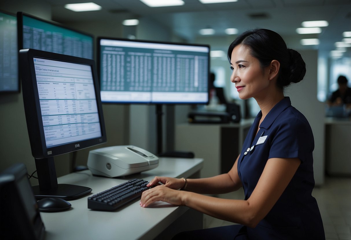 A receptionist inputs appointment details into a computer at a women's clinic in Singapore. Contact information is displayed on a digital screen