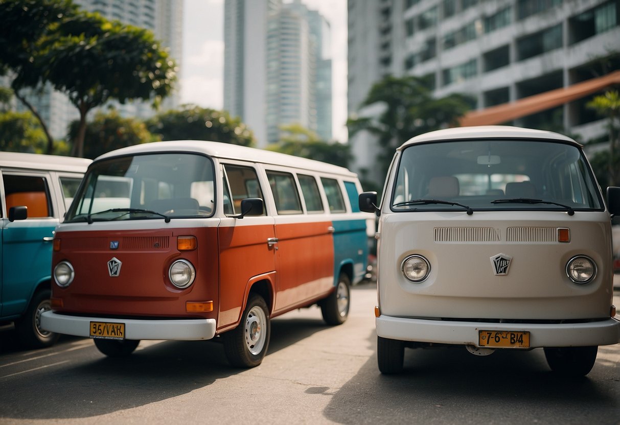 A row of vans parked in a well-lit and spacious rental lot in Singapore. Clear signage and easy access for potential renters
