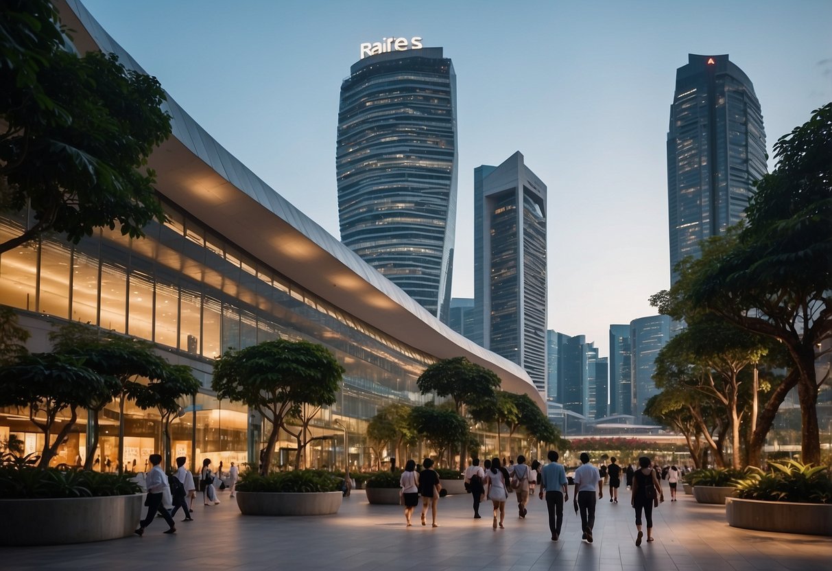 6 Raffles Blvd, Marina Square, Singapore 039594. A bustling city street with tall buildings and people walking