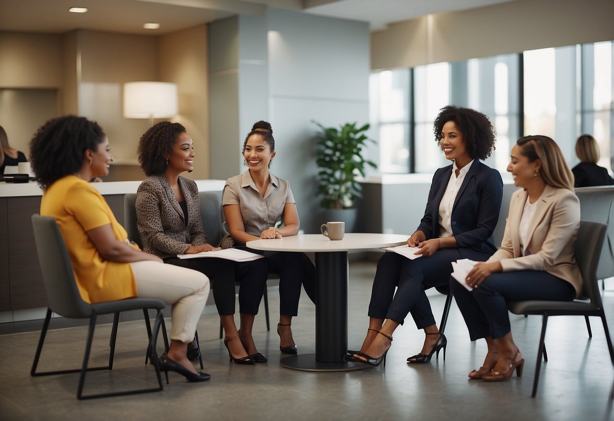 A group of diverse women sit in a modern waiting area, reading pamphlets and chatting. A receptionist smiles from behind a desk
