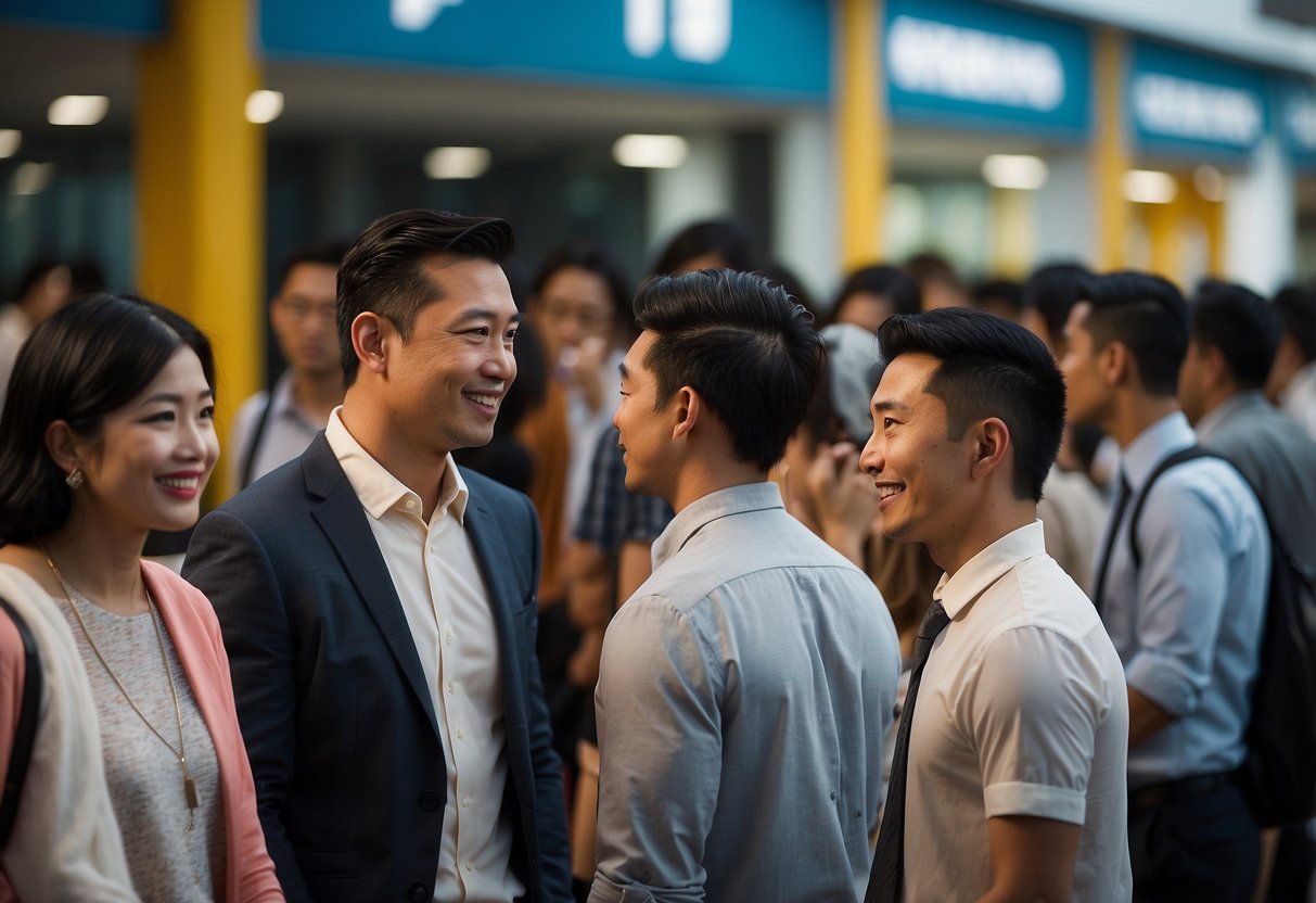 A line of people waiting to ask questions at a rental office in Singapore. The office is bright and modern, with a large sign displaying "Frequently Asked Questions" prominently