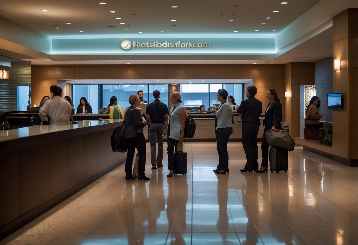 Passengers line up at the front desk, luggage in tow, while staff assist with check-in. The hotel's logo prominently displayed behind the counter