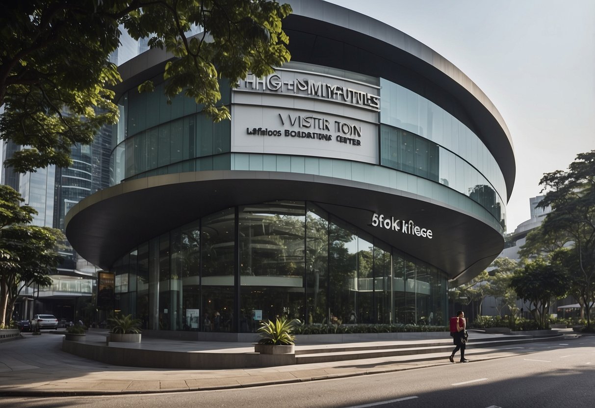 The Visitor Information center at 6 Raffles Blvd, Marina Square, Singapore 039594, with a prominent sign and a sleek, modern exterior