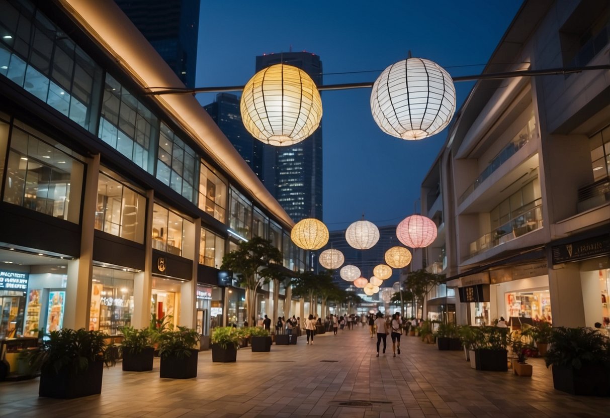 A bustling street with colorful storefronts and bright lights at 6 Raffles Blvd, Marina Square, Singapore 039594