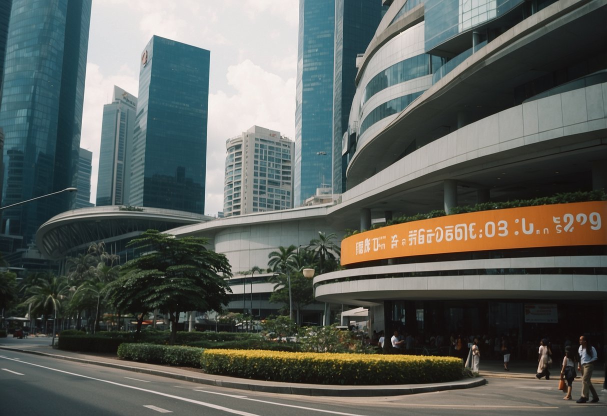 A bustling street with tall buildings and a prominent sign reading "Frequently Asked Questions 6 raffles blvd marina square singapore 039594."