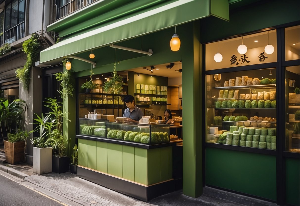 A bustling Tsujiri Singapore storefront, with vibrant green matcha-themed decor and a queue of customers eagerly awaiting their delicious matcha treats