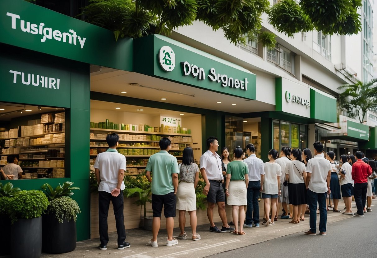 A bustling Tsujiri Singapore store with customers lining up, a vibrant green and white color scheme, and a prominent "Frequently Asked Questions" sign