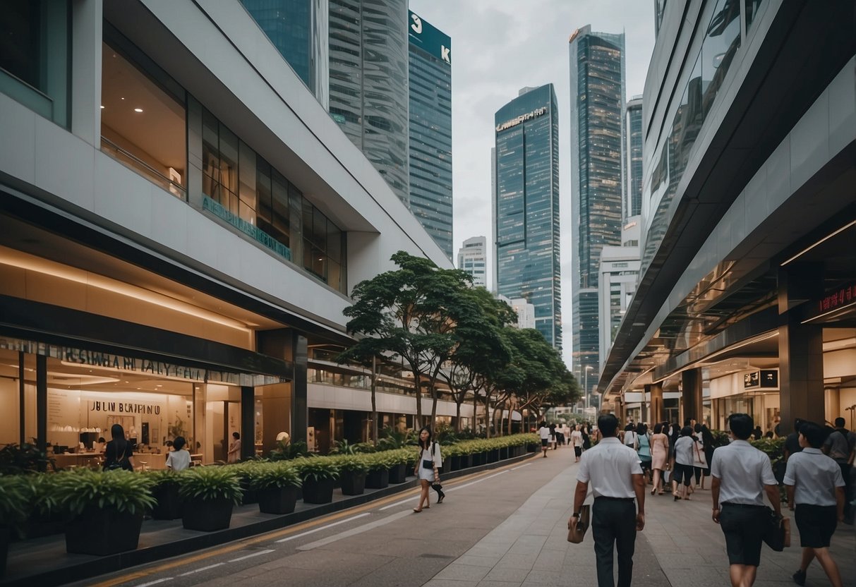 A bustling street in off white Singapore, with modern architecture and vibrant street life