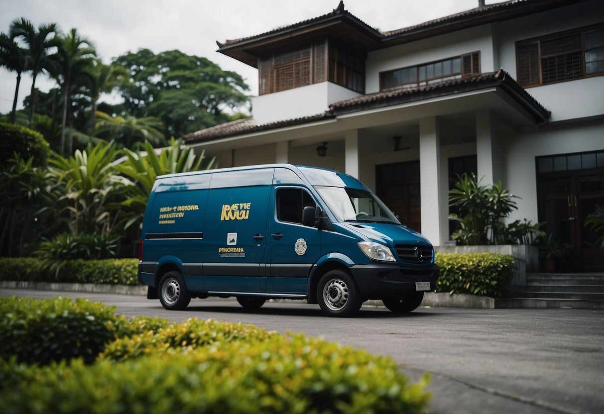 A Ninja Van delivery van parked outside a Singaporean home, with a package being scanned by a handheld device
