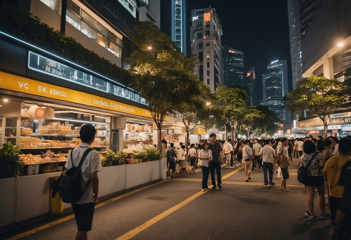 A bustling street in Singapore with Off-White™ storefront, surrounded by vibrant city lights and bustling crowds
