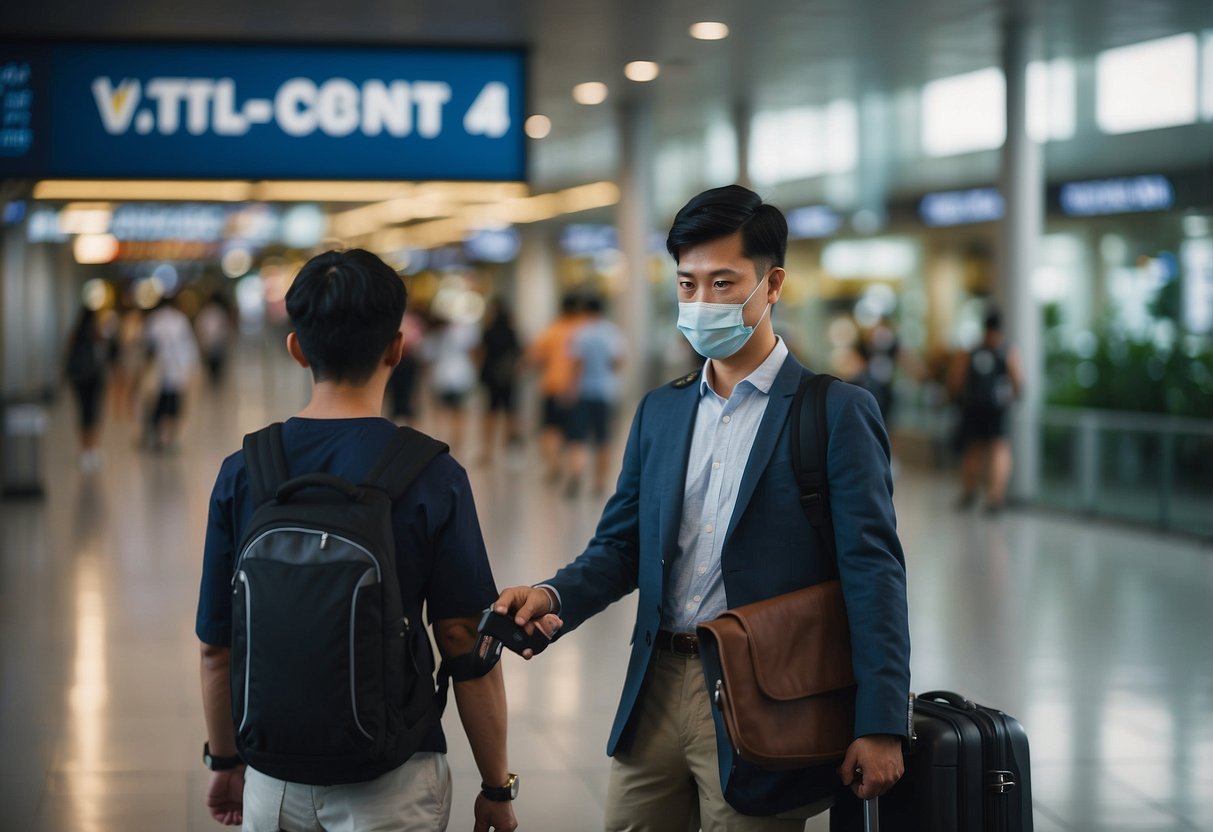 A traveler checks in at VTL Singapore, undergoes safety measures, and boards a designated transport to the approved country