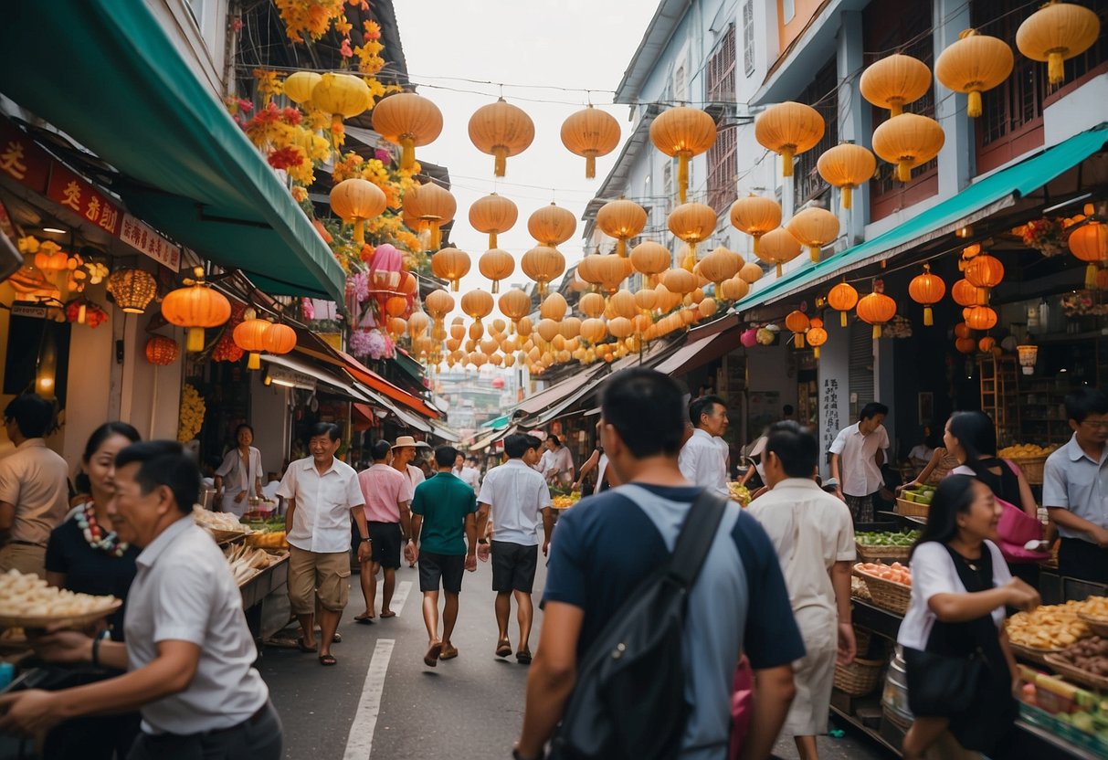 Pagoda Street, Singapore: bustling with colorful shophouses, lanterns, and bustling crowds. The street is lined with vibrant shops selling traditional goods and street food, creating a lively and vibrant atmosphere