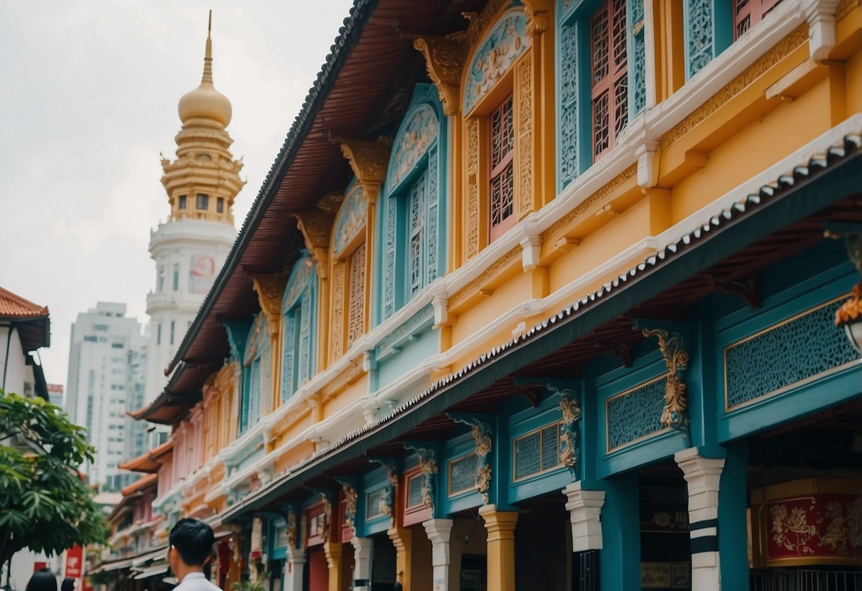 The historic Pagoda Street in Singapore bustles with tourists exploring the rich heritage and culture of the area. Traditional shophouses line the street, adorned with vibrant colors and intricate architectural details