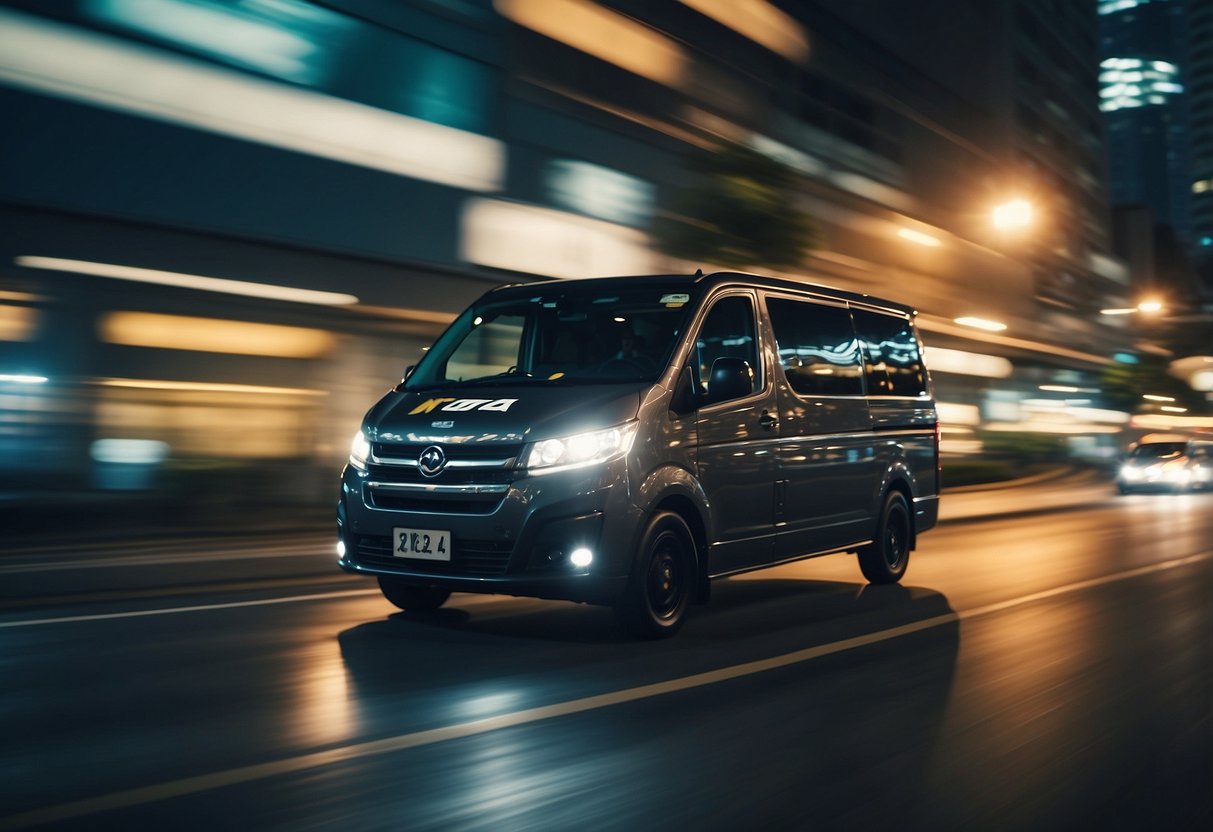 A ninja van speeding through urban Singapore streets, with a tracking device flashing on its dashboard
