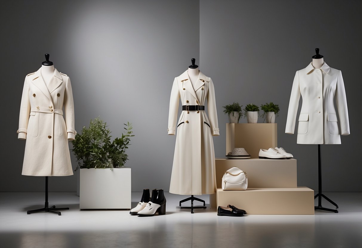 A display of trendy off-white fashion items arranged on a sleek, minimalist backdrop, showcasing the brand's signature style and high-fashion appeal