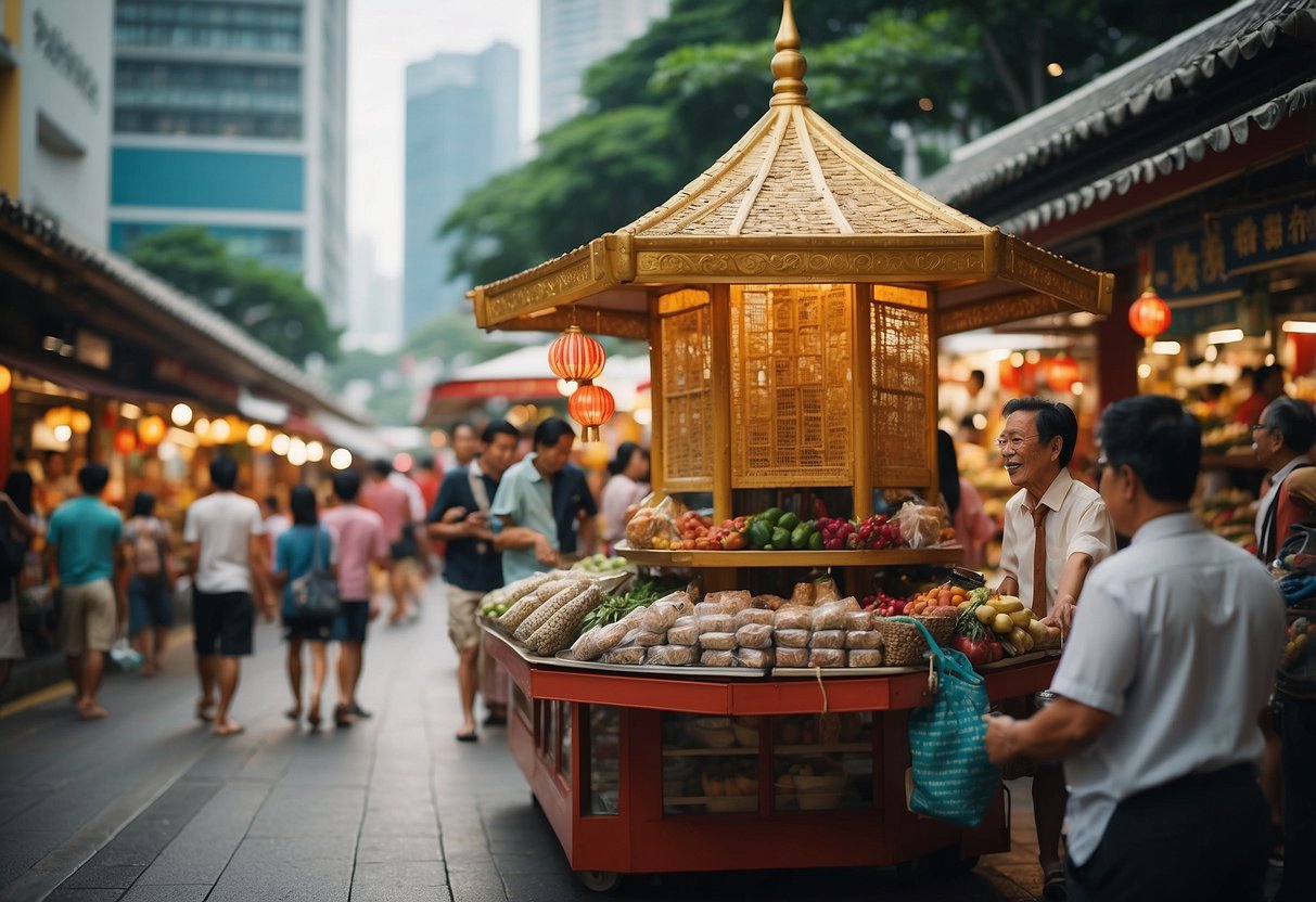 Colorful pagoda street bustles with vendors and shoppers, blending traditional culture and modern commerce in Singapore