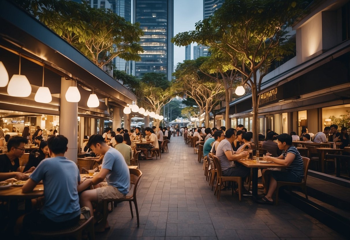 The bustling streets of Singapore under new phase 3 rules, with people dining outdoors and enjoying the relaxed restrictions