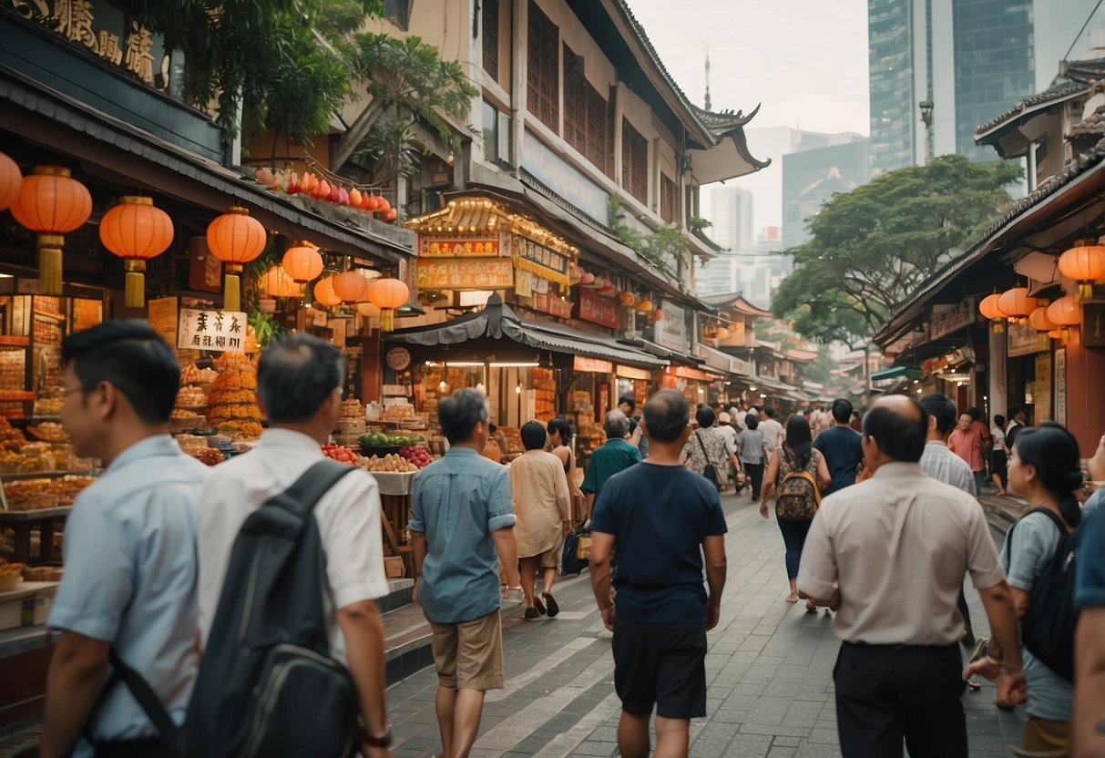 A bustling street in Singapore, with a traditional pagoda-style building and a sign reading "Frequently Asked Questions." Busy people and colorful storefronts line the street