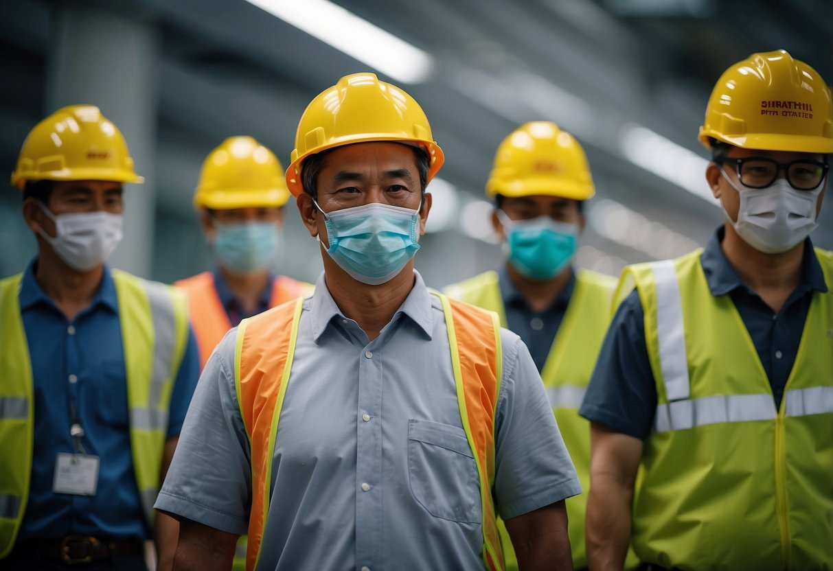 Workers wearing masks and maintaining social distance while following health and safety protocols in a Singapore workplace