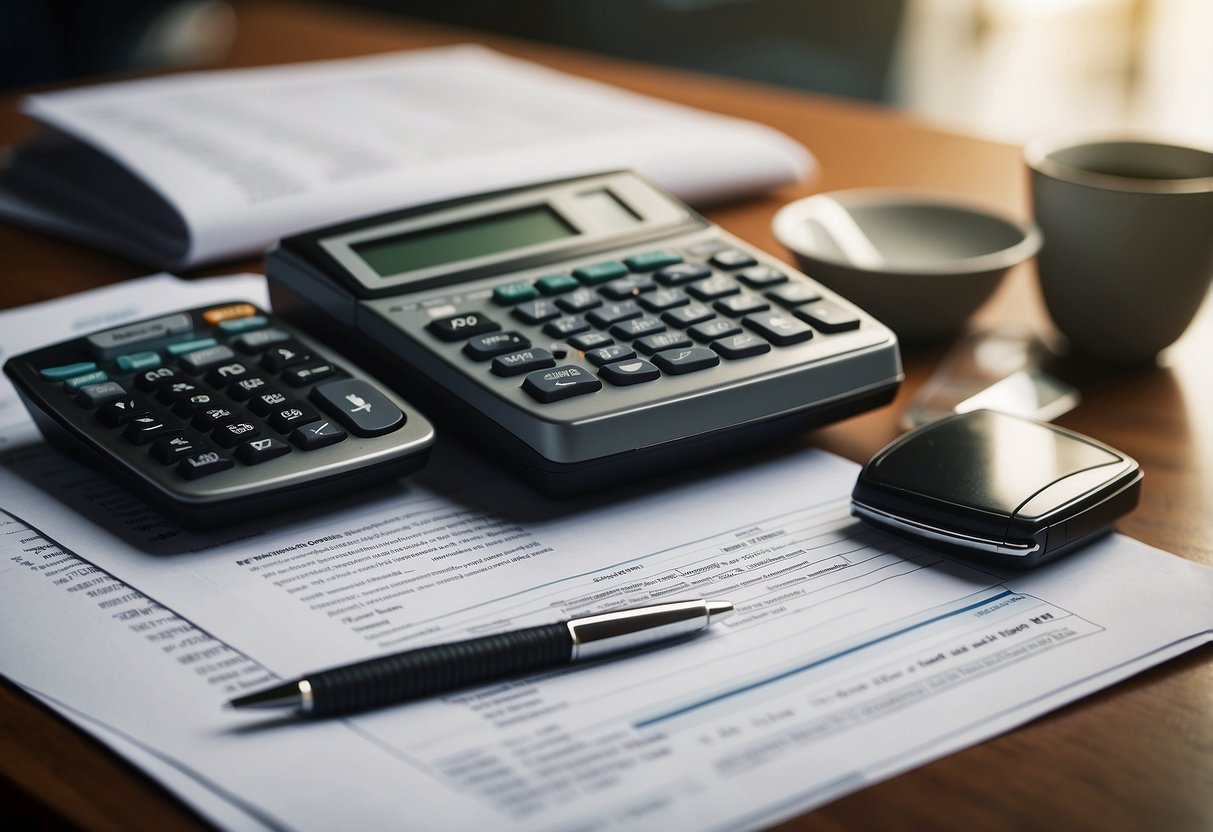 A stack of paperwork with "Withholding Tax Singapore" printed on top, a calculator, and a pen on a desk