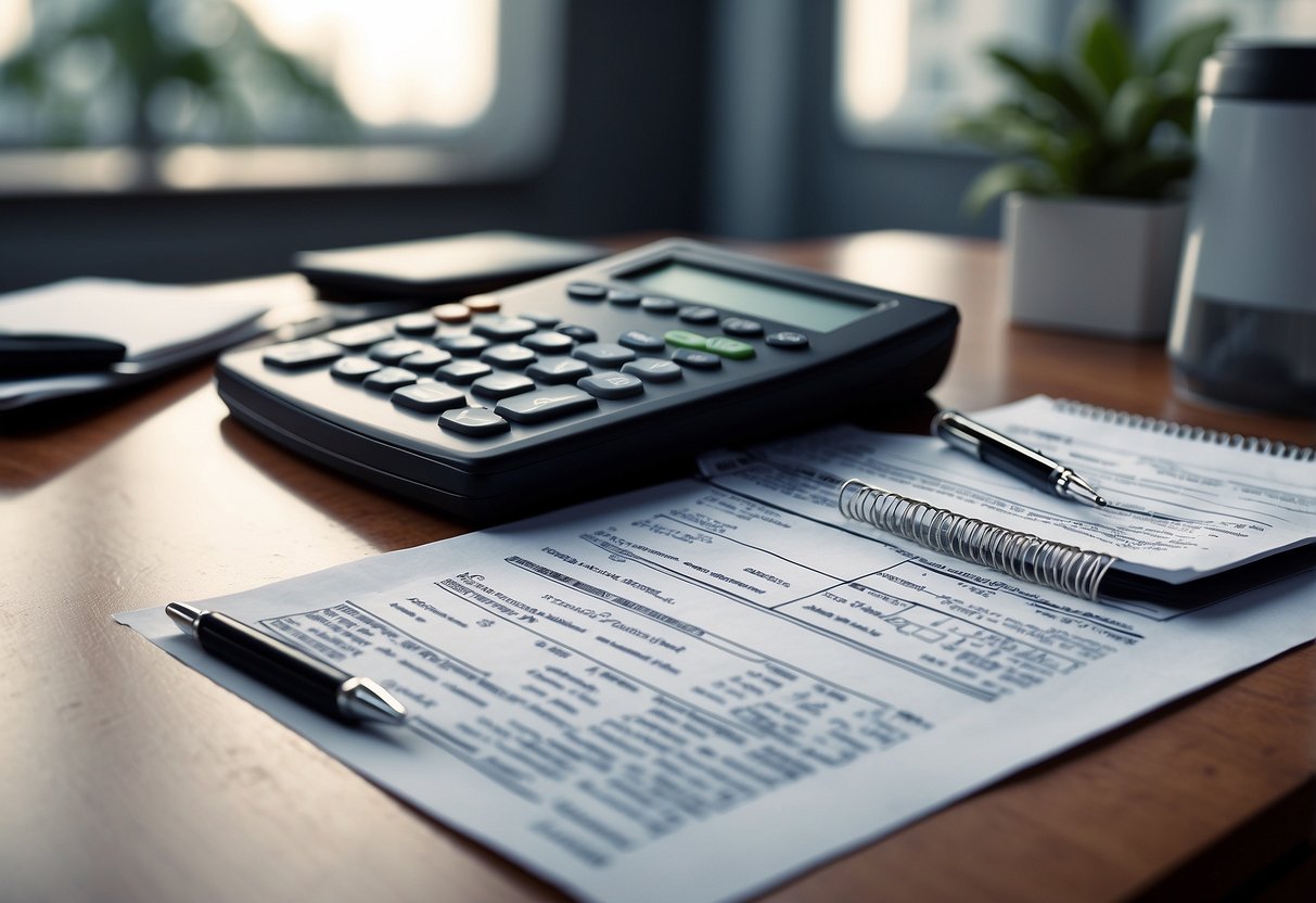 A stack of invoices and a calculator on a desk, with a tax form and a pen nearby. A laptop displaying tax regulations in the background