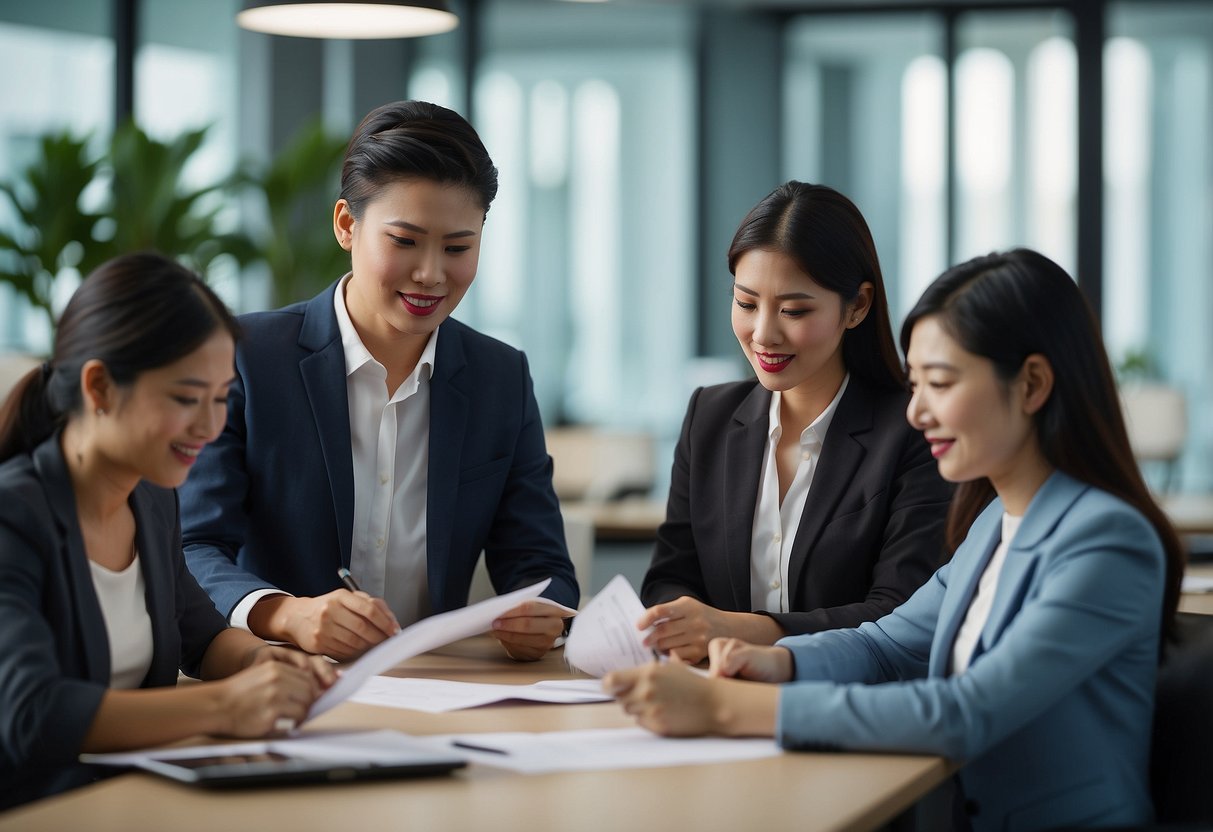 A group of professionals in an office setting, reviewing documents and filling out forms to ensure compliance with tax withholding procedures in Singapore