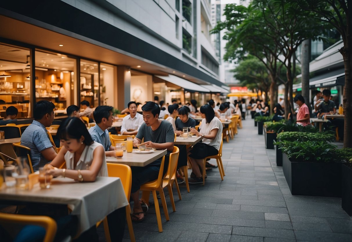 People dining at outdoor restaurants, workers at construction sites, and shoppers at retail stores following Phase 3 rules in Singapore