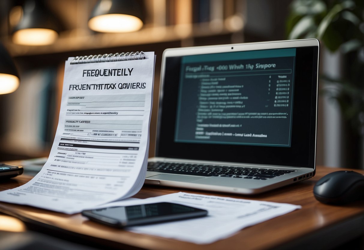 A stack of papers with "Frequently Asked Questions withholding tax singapore" printed on top, surrounded by a computer, calculator, and official documents