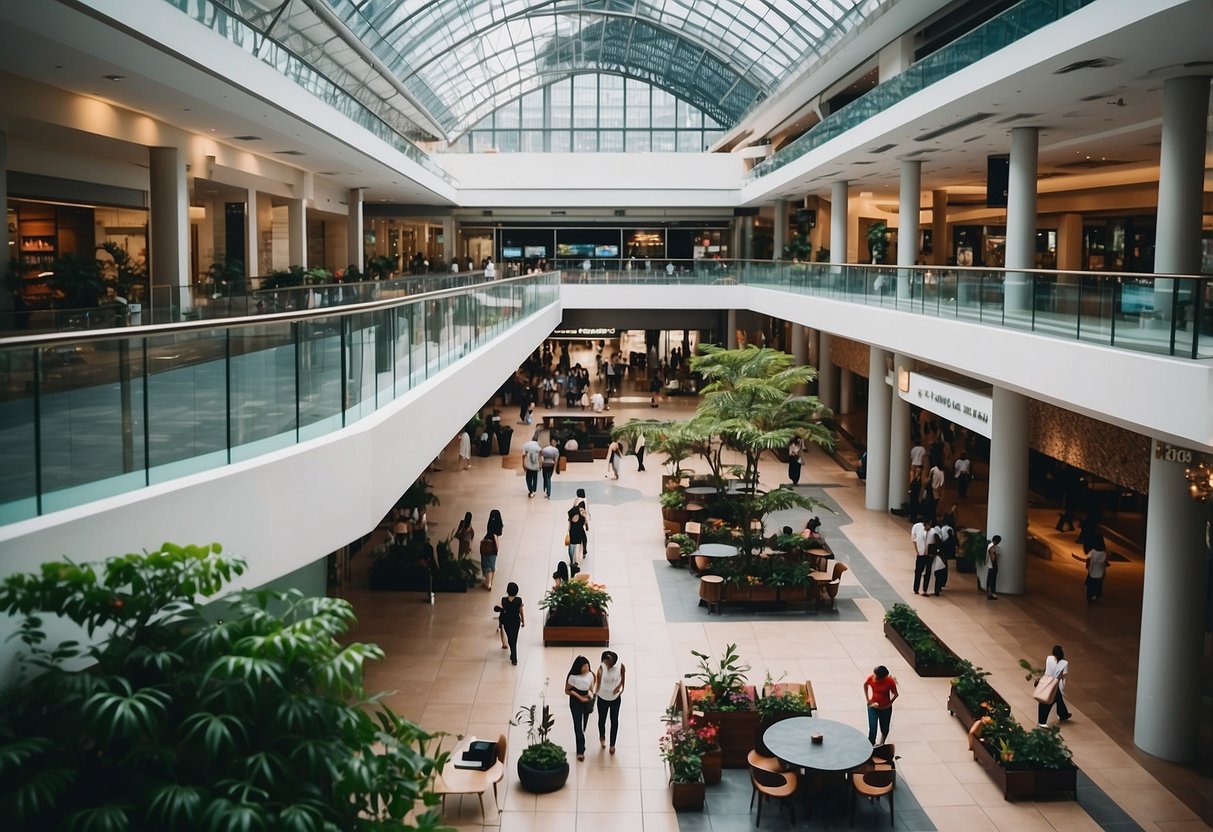 A bustling outdoor shopping mall in Singapore, with modern architecture and vibrant signage