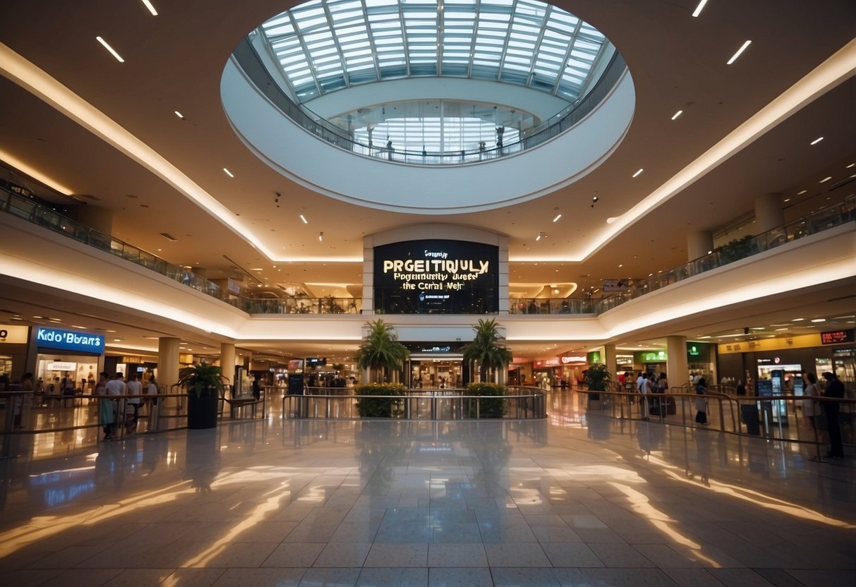 A bustling shopping mall entrance with a prominent sign reading "Frequently Asked Questions 1 Jurong West Central 2 Jurong Point Singapore 648886."