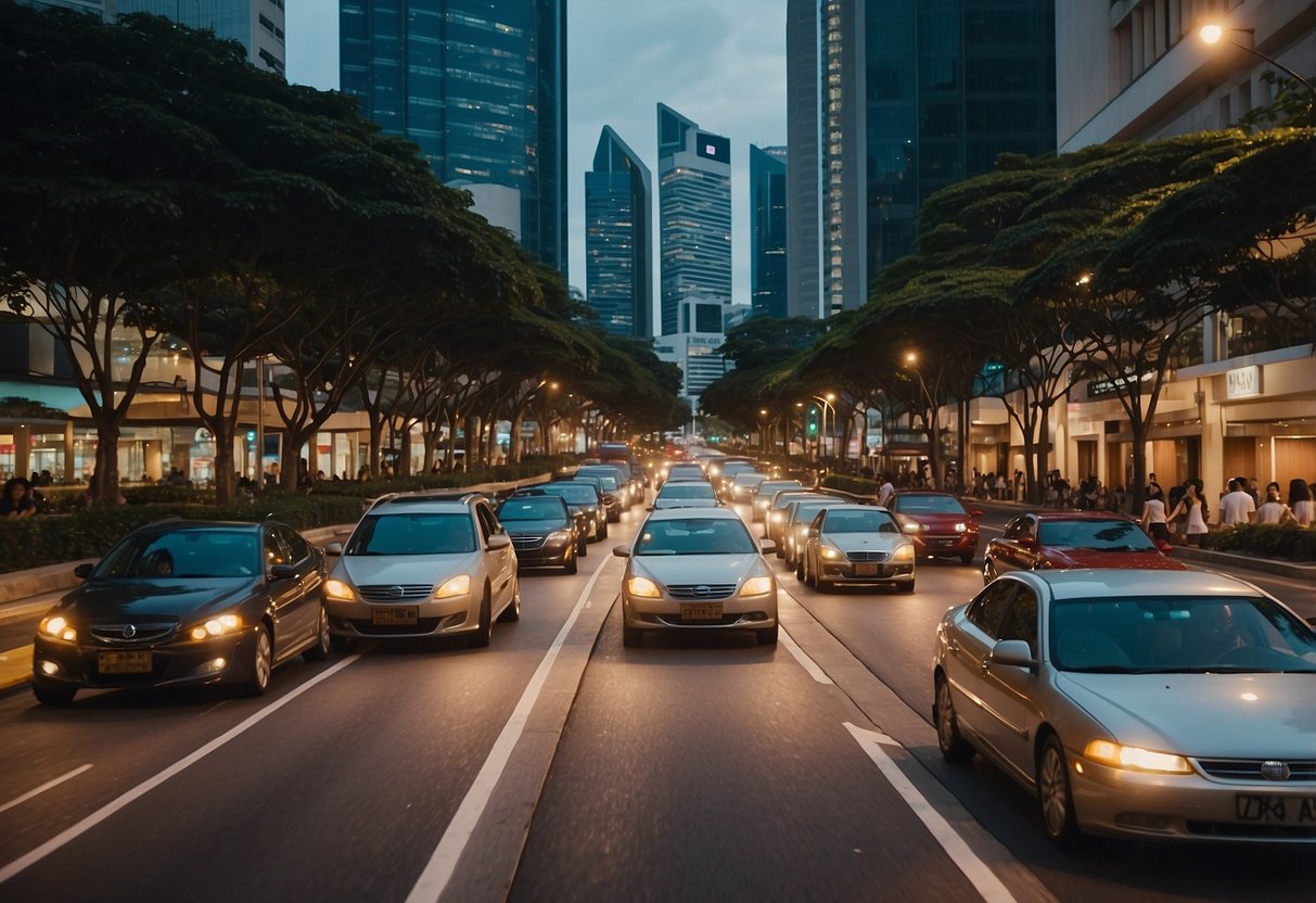 A bustling city street in Singapore, with modern skyscrapers and busy traffic on 76 Shenton Way