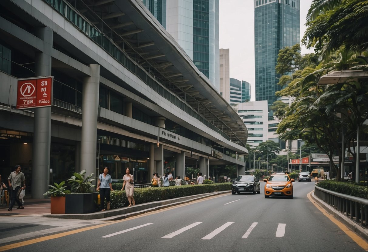 A bustling city street with tall buildings and a sign reading "Frequently Asked Questions 76 Shenton Way, Singapore."