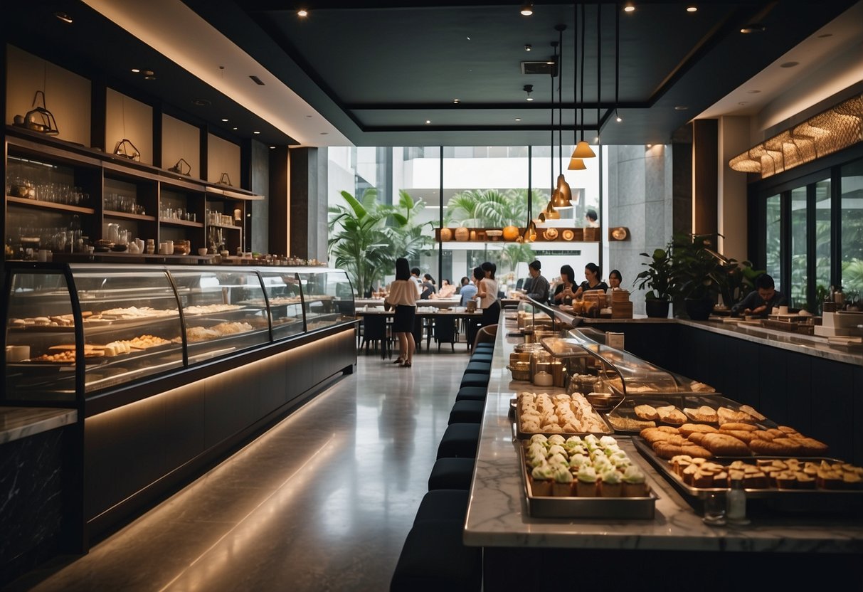 A bustling cafe in Letao Singapore, with elegant pastries and desserts displayed on marble countertops, and customers enjoying their treats at sleek, modern tables