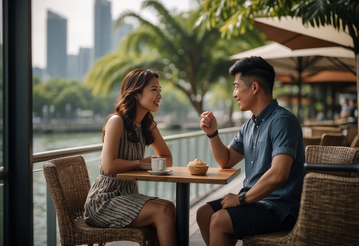 A couple sitting at a cafe in Singapore, discussing the age of consent. The city skyline is visible in the background