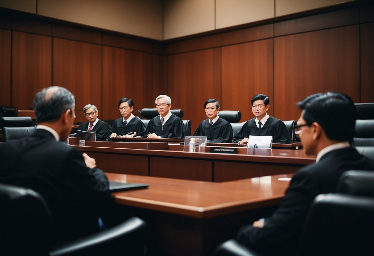 A courtroom with judges and lawyers discussing age of consent laws in Singapore