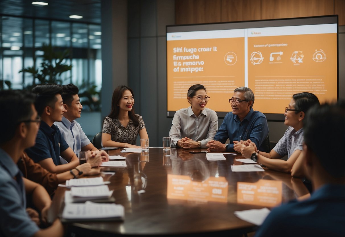 A group of people discussing age of consent laws in Singapore, with supportive resources and information displayed