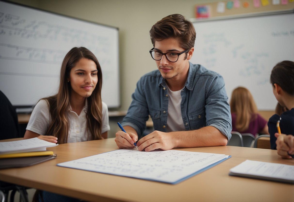 A student solving equations on a whiteboard with a tutor explaining concepts in a bright and organized classroom setting