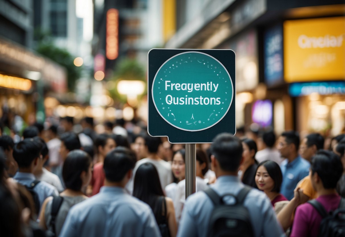 A colorful signboard with "Frequently Asked Questions" and the Letao Singapore logo, surrounded by a bustling crowd of customers