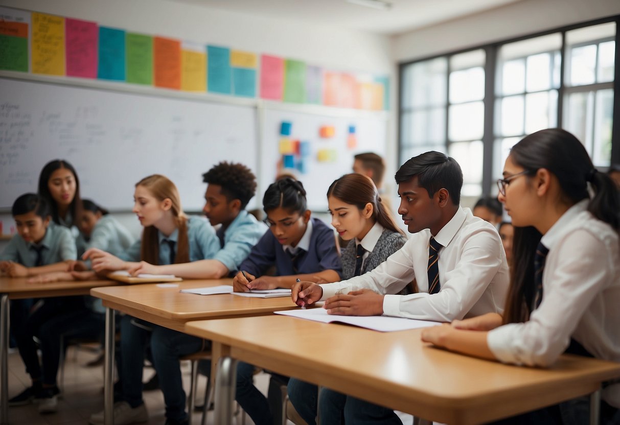 A group of students eagerly enter a modern, brightly lit maths tuition centre, where colorful charts and diagrams adorn the walls, and a whiteboard stands ready for an engaging lesson
