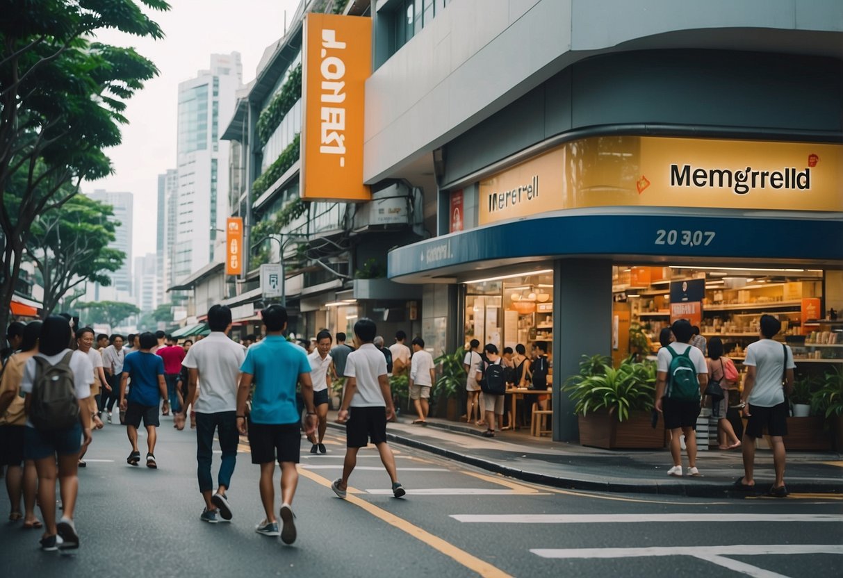 A bustling Singapore street with a prominent "Merrell" storefront, surrounded by diverse pedestrians and vibrant city life