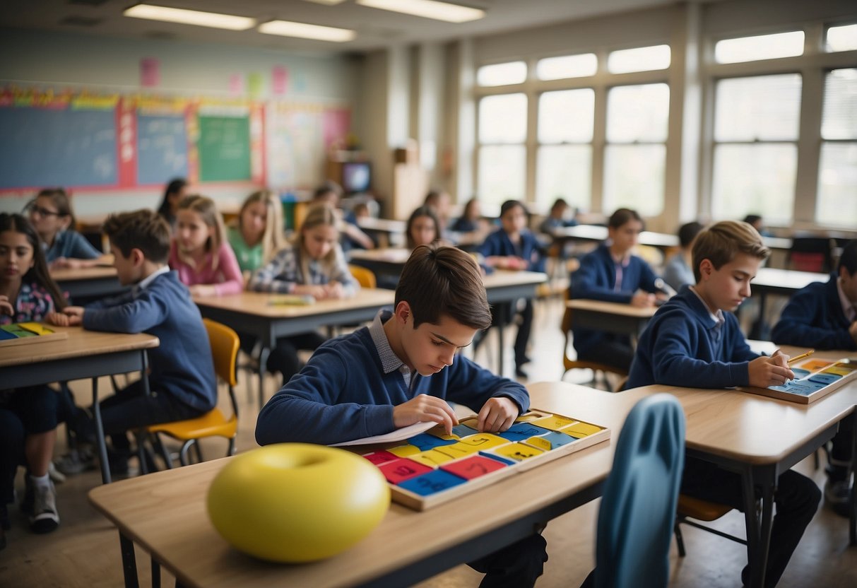 A classroom filled with colorful mathematical tools and resources, with students engaged in interactive activities and problem-solving exercises
