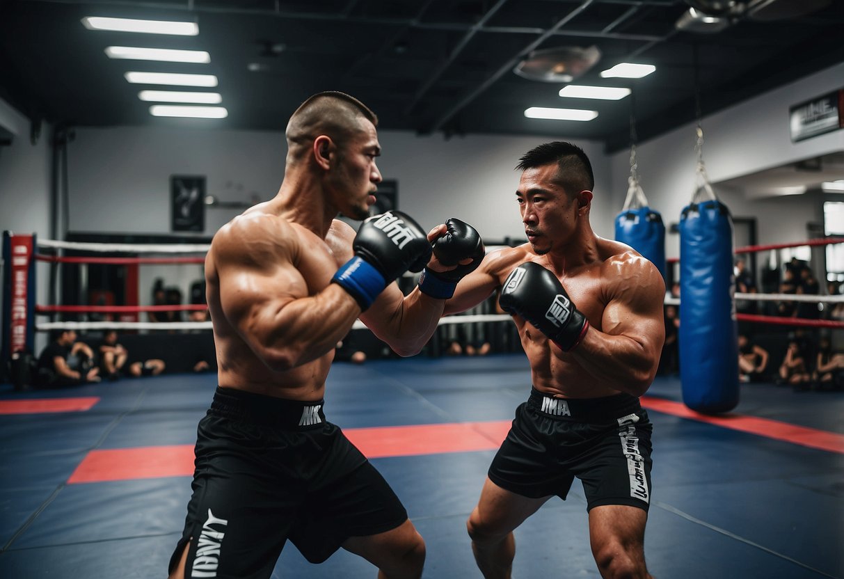 Busy MMA gym in Singapore, with fighters training and sparring in a modern, well-lit facility