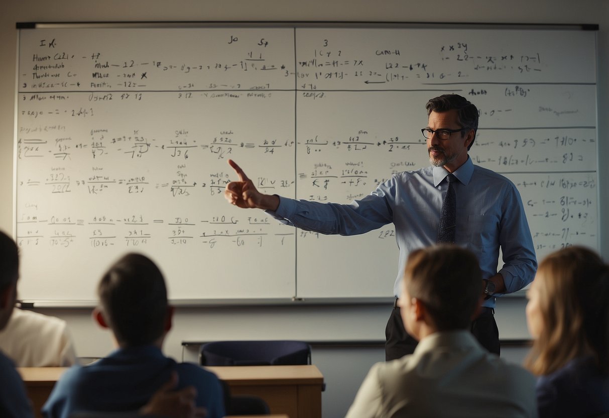A teacher pointing to a whiteboard with math equations while students listen and take notes
