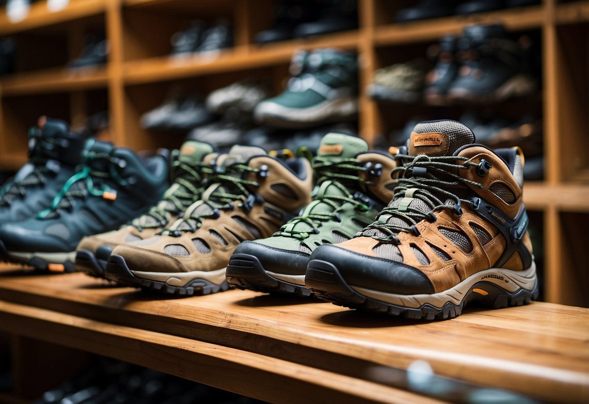 Hiking boots, trail running shoes, and outdoor sandals arranged on a display shelf with the Merrell logo in the background