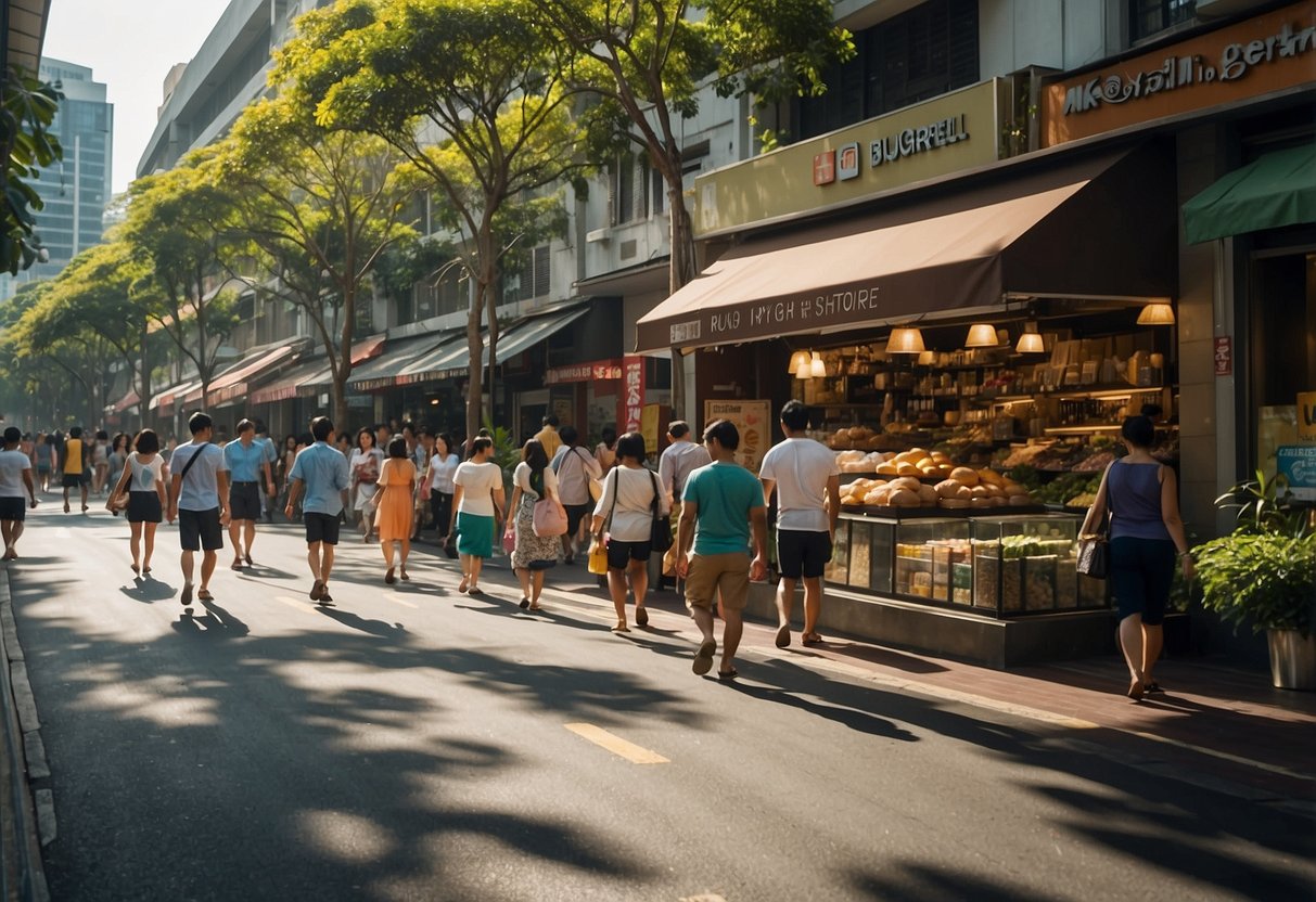 A bustling street in Singapore, with colorful storefronts and a prominent Merrell sign. People walk by, some carrying shopping bags. The sun shines down on the busy scene