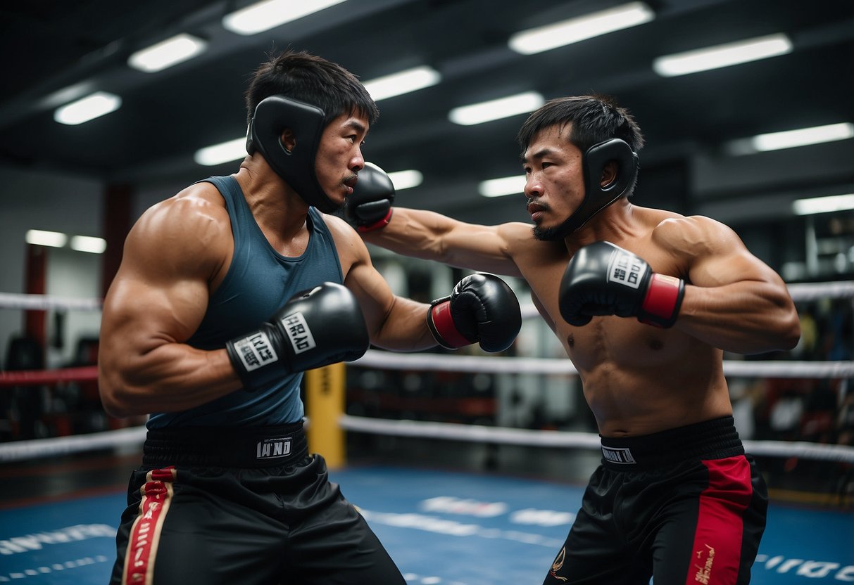 Two fighters spar in a Singapore MMA gym, surrounded by punching bags and training equipment. The room is filled with the sound of grunts and the thud of impact