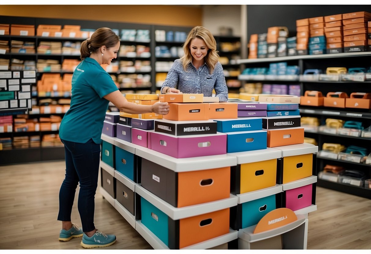 A stack of colorful Merrell shoe boxes, a customer service desk, and a helpful staff member assisting a customer with a smile